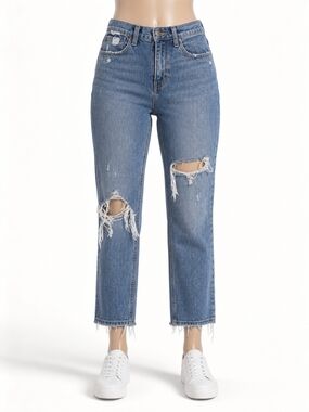 Abercrombie & Fitch Mid-Rise Distressed Straight Leg Jeans - Blue